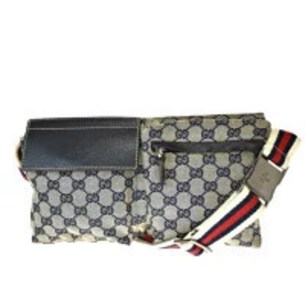 Gucci Sherry Waist Pouch Clutch Bag GG Navy Blue Red Canvas Leather